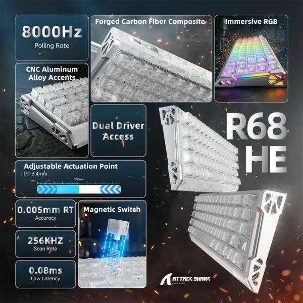 ATTACK SHARK R68 HE Ice Ninja Forged Carbon Gaming Keyboard – Rapid Trigger, Magnetic Switches, 8K