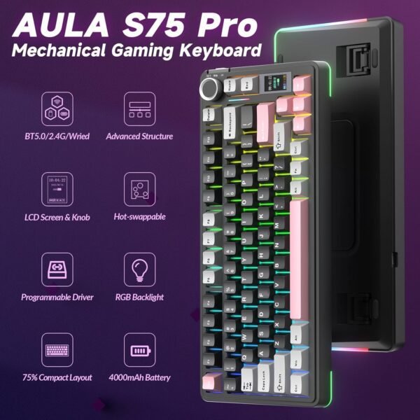 AULA S75 PRO Tri-Mode Mechanical Gaming Keyboard – 80 Keys, Hot-Swappable, TFT Screen